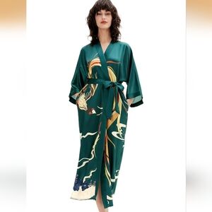 Emerald Green Satin Kimono Robe with Phoenix Print And Tie Waist